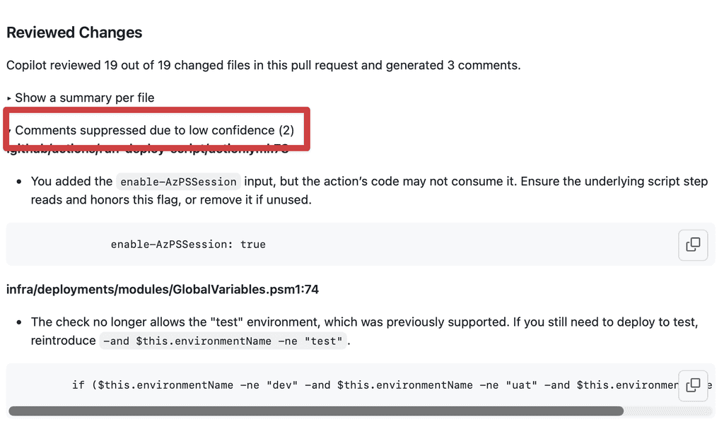 github copilot review low confidence