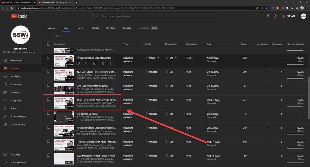 Live backend  from manage youtube livestream content