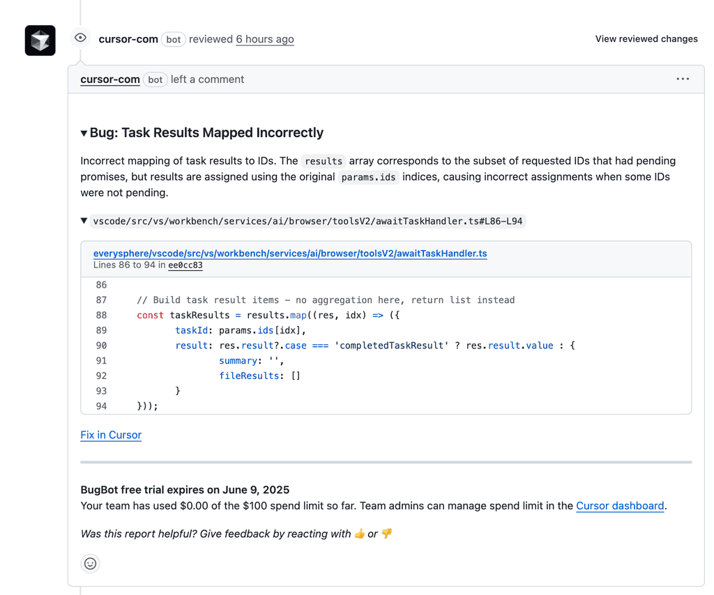 cursor bugbot example