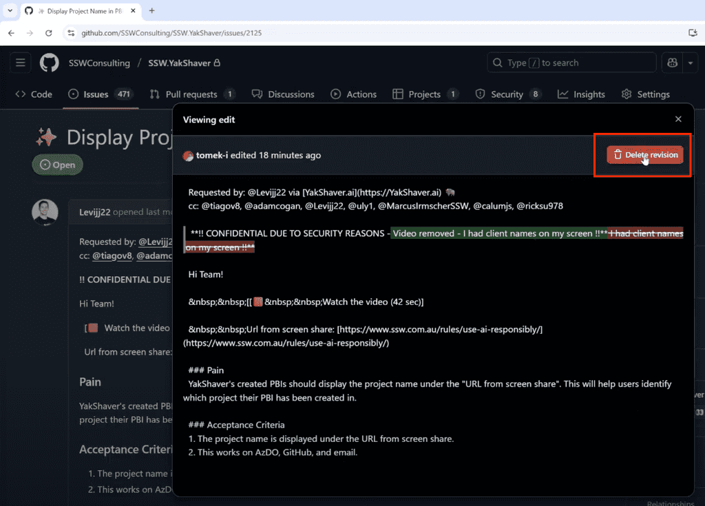 confidential info removed revision deletion